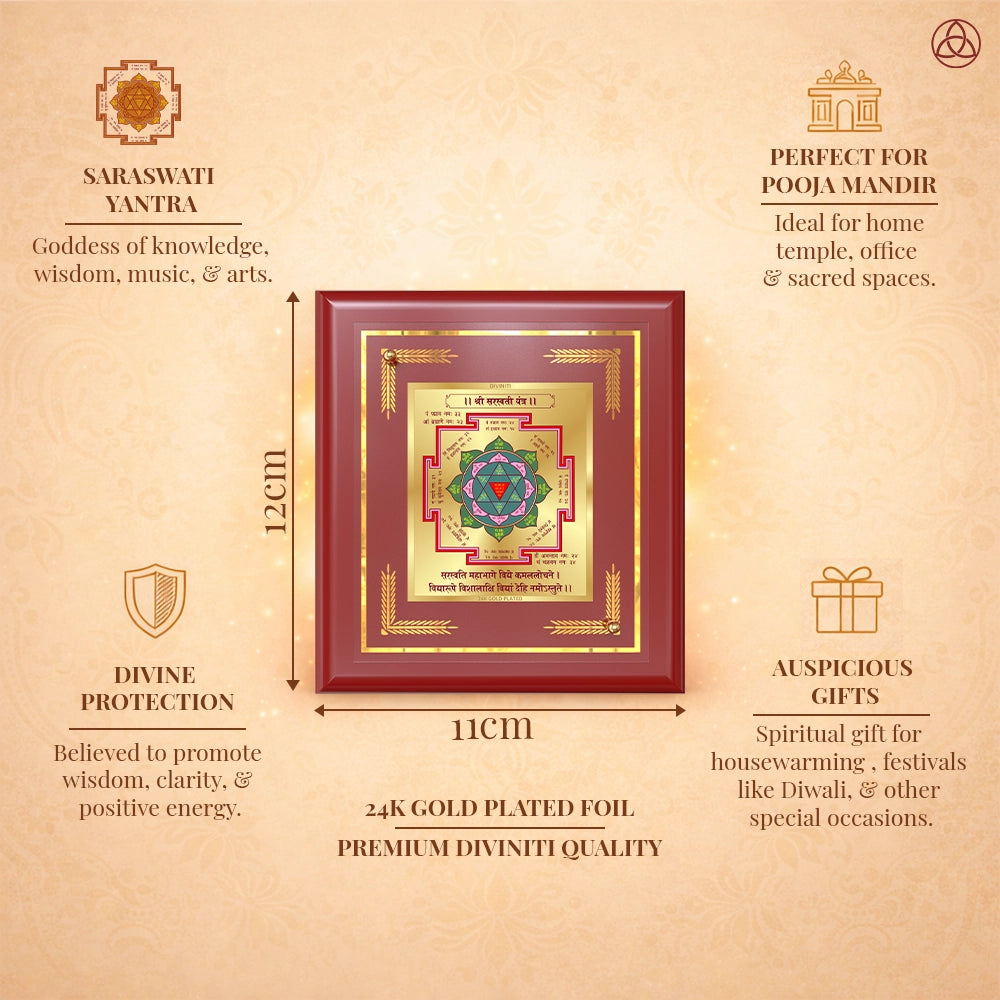 Saraswati Yantra framed in 24K gold plated foil, symbolizing balance of planetary energies and harmony.