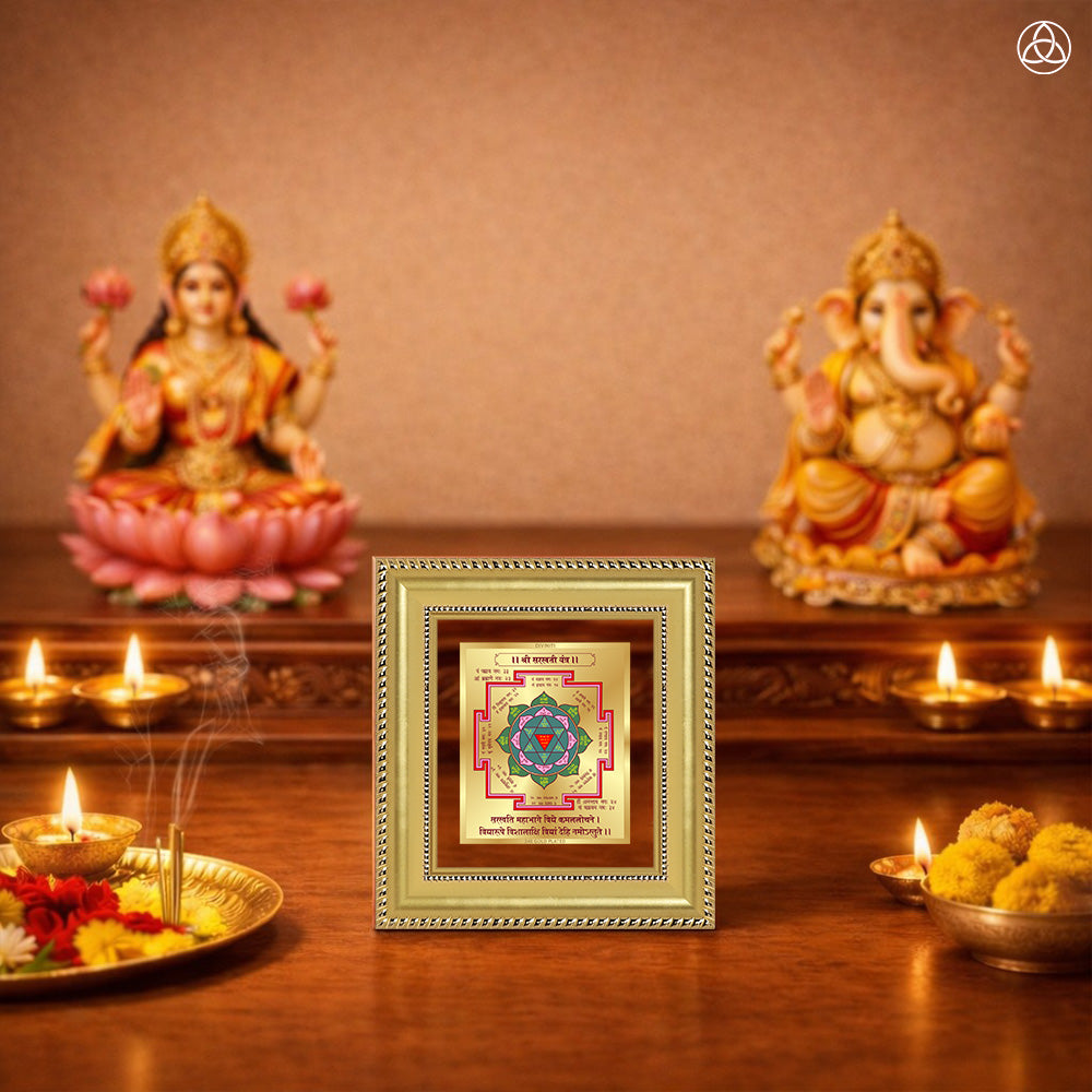 Saraswati Yantra displayed on a decorated altar with candles and idols of Hindu deities for spiritual harmony.