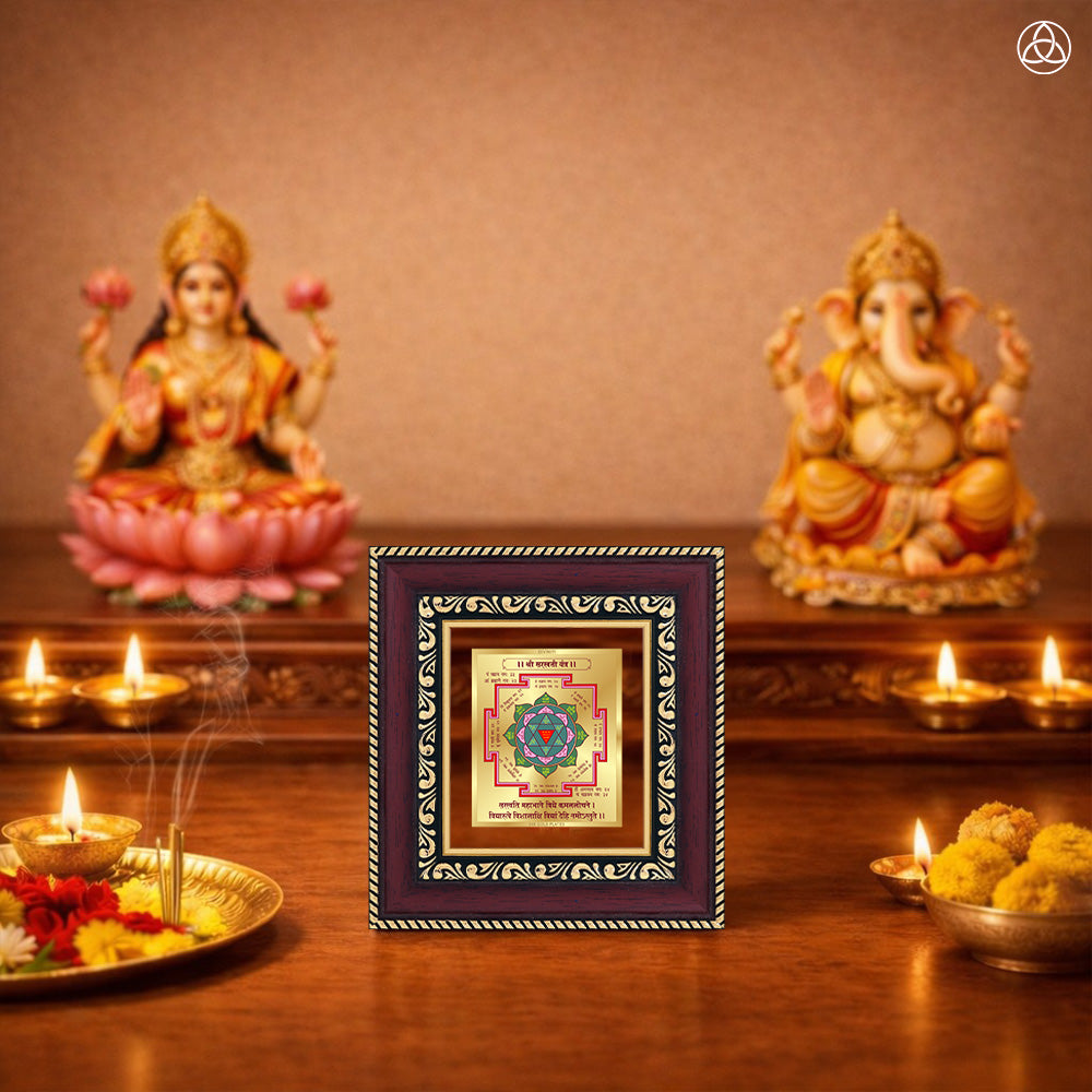 Saraswati Yantra displayed on a decorated altar with candles and idols of Hindu deities for spiritual harmony.