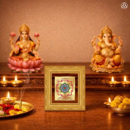 Saraswati Yantra displayed on a decorated altar with candles and idols of Hindu deities for spiritual harmony.