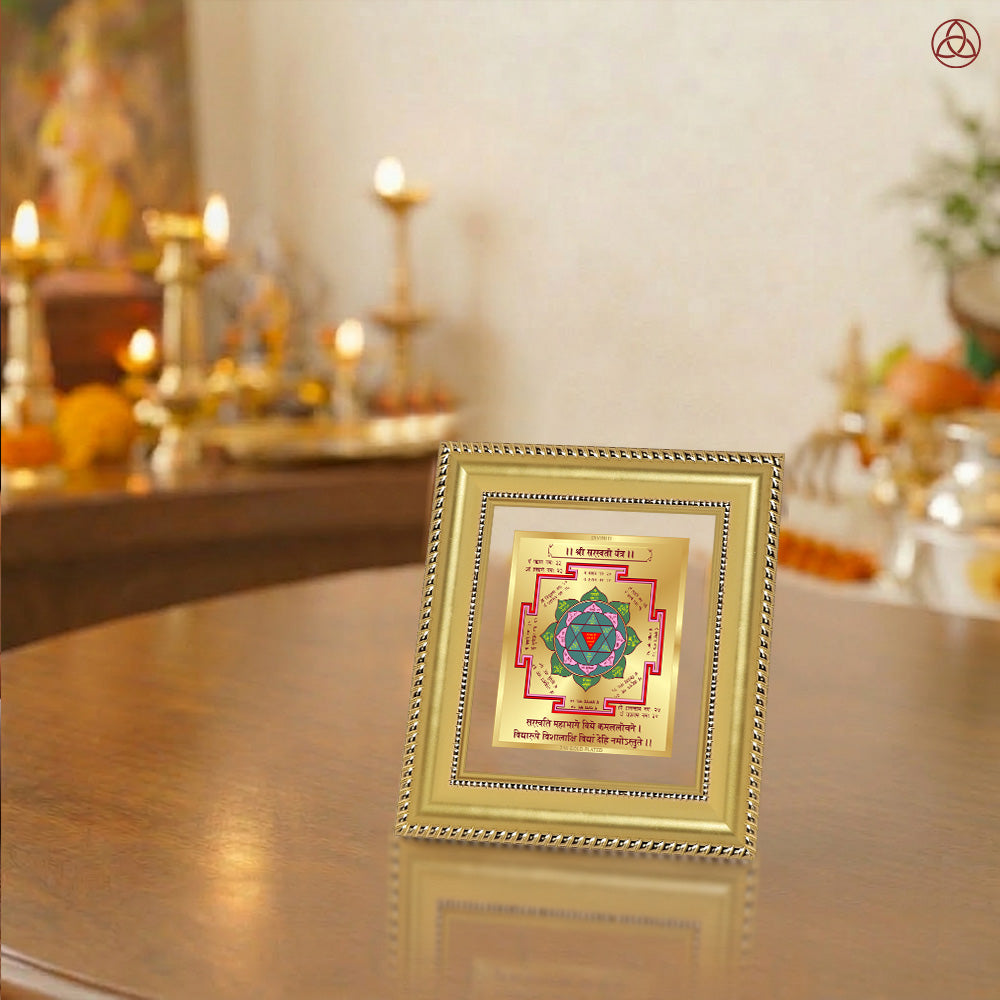 Saraswati Yantra displayed in a decorative frame on a wooden table, symbolizing planetary energies.