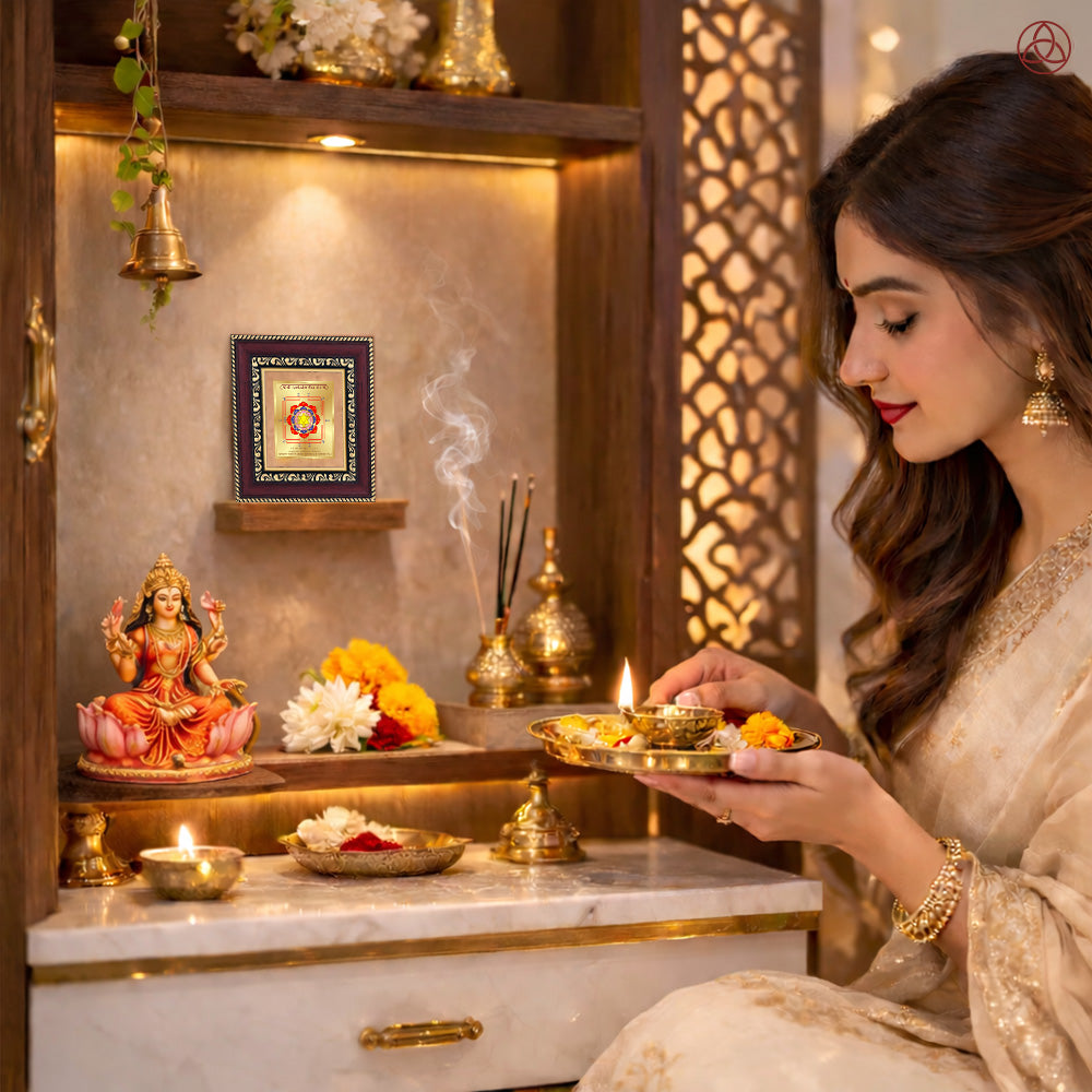 Woman performing a prayer ritual with Saraswati Yantra in a sacred home altar setting, featuring gold decor and traditional offerings.