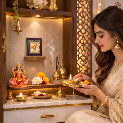 Woman performing a prayer ritual with Saraswati Yantra in a sacred home altar setting, featuring gold decor and traditional offerings.