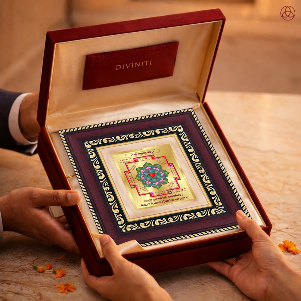 Saraswati Yantra presented in an elegant box, showcasing sacred planetary symbols, perfect for harmony and prosperity.
