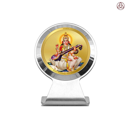 Saraswati Mata | Divine Goddess Saraswati Car Dashboard & Tabletop Photo Frame in 24K Gold Plated Foil