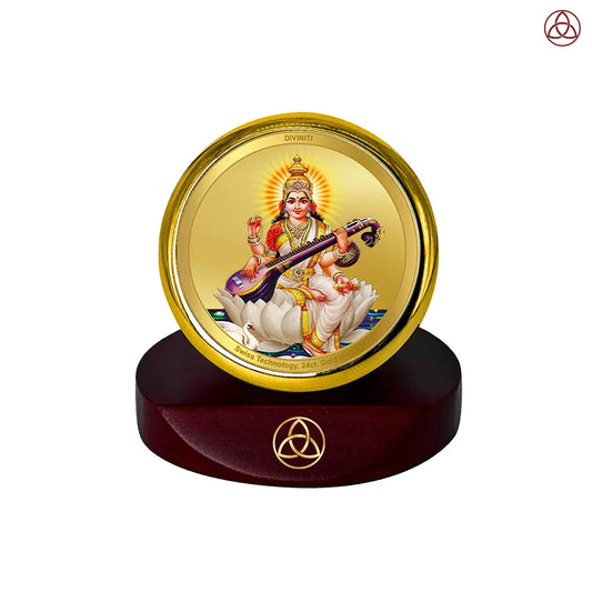 Goddess Saraswati | Divine Mother of Wisdom & Arts Car Dashboard Frame in 24K Gold Plated Foil