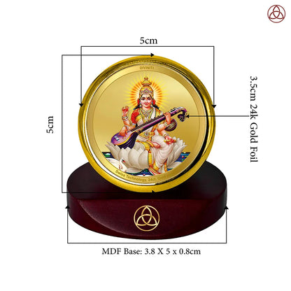 Goddess Saraswati | Divine Mother of Wisdom & Arts Car Dashboard Frame in 24K Gold Plated Foil