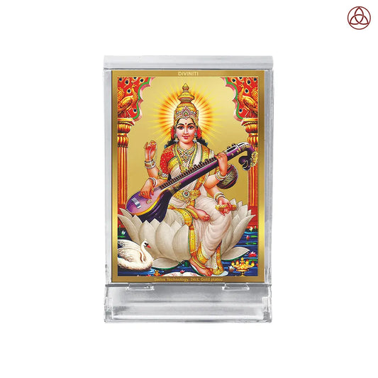 Goddess Saraswati | Divine Mother of Wisdom & Arts Car Dashboard Frame in 24K Gold Plated Foil
