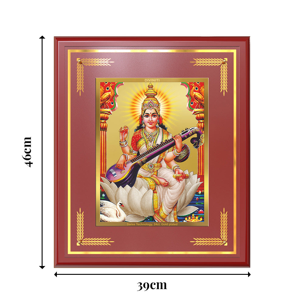 Goddess Saraswati | Divine Mother of Wisdom & Arts Wall Mount Photo Frame in 24K Gold Plated Foil