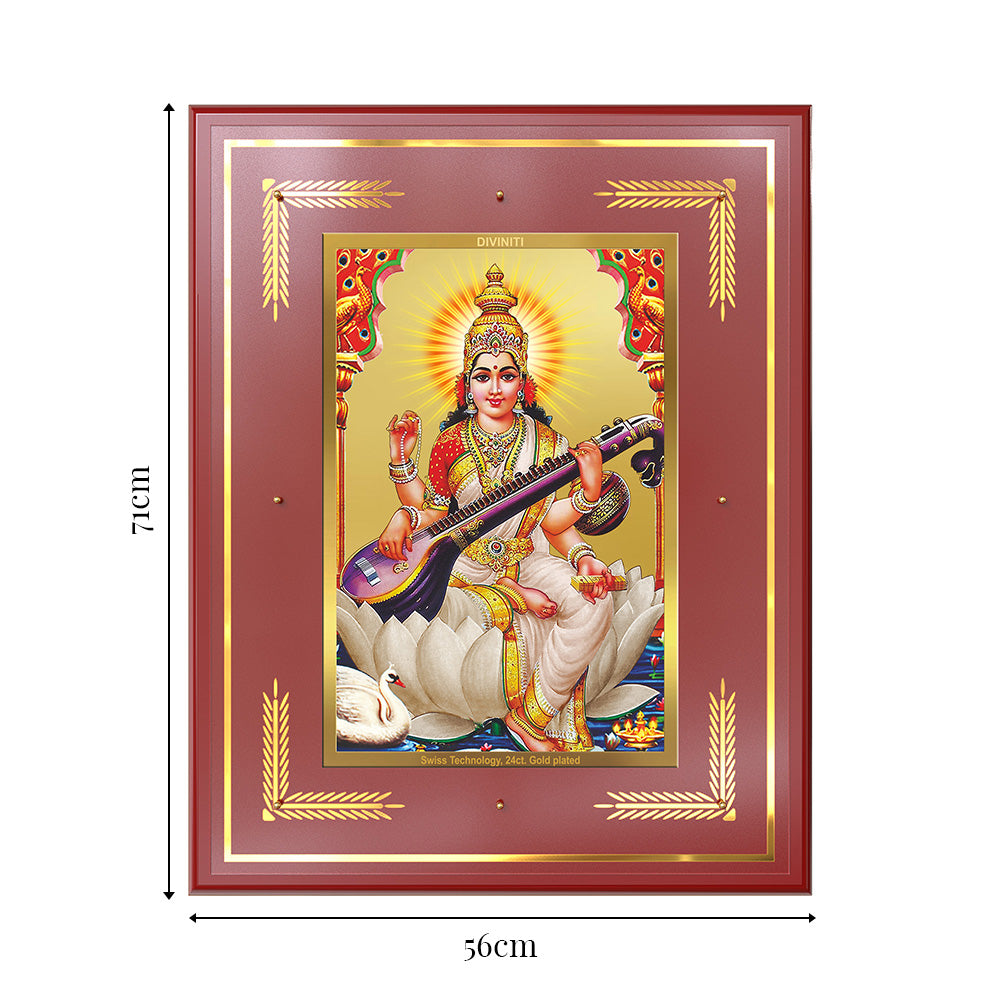 Goddess Saraswati | Divine Mother of Wisdom & Arts Wall Mount Photo Frame in 24K Gold Plated Foil