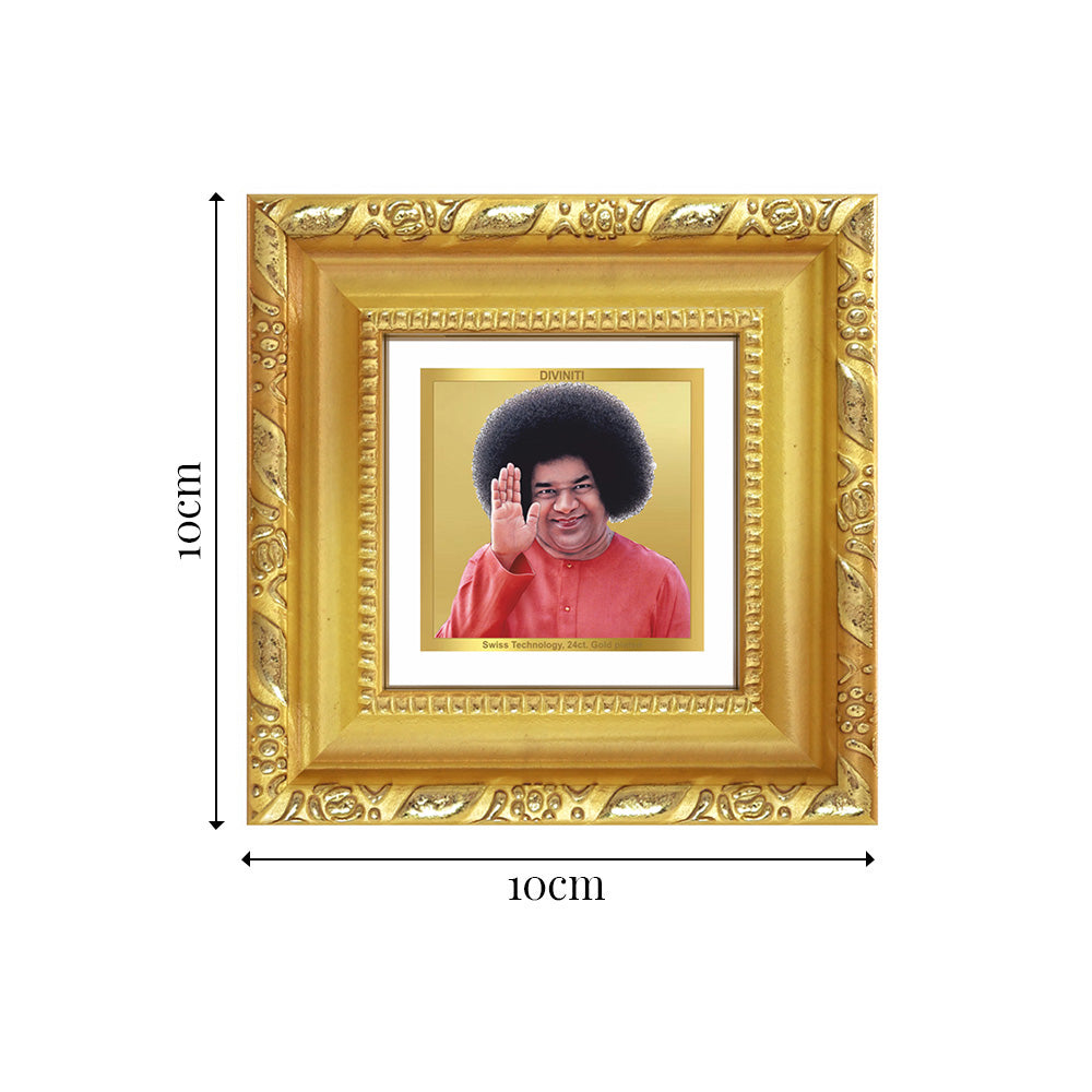 Diviniti Sathya Sai Baba Tabletop Photo Frame in 24K Gold Plated Foil | Love, Service & Divine Blessings | DG103S1A (10x10 CM)