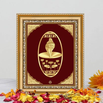Shankh Wall Hanging Frame Gold on Gold in 24K Foil displayed on decorated table