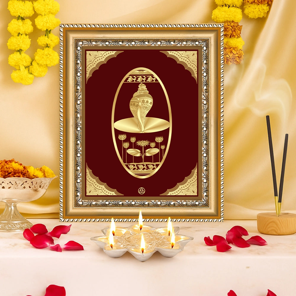 Shankh Wall Hanging Frame Gold on Gold in 24K Foil displayed in home temple