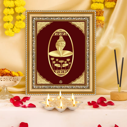 Shankh Wall Hanging Frame Gold on Gold in 24K Foil displayed in home temple