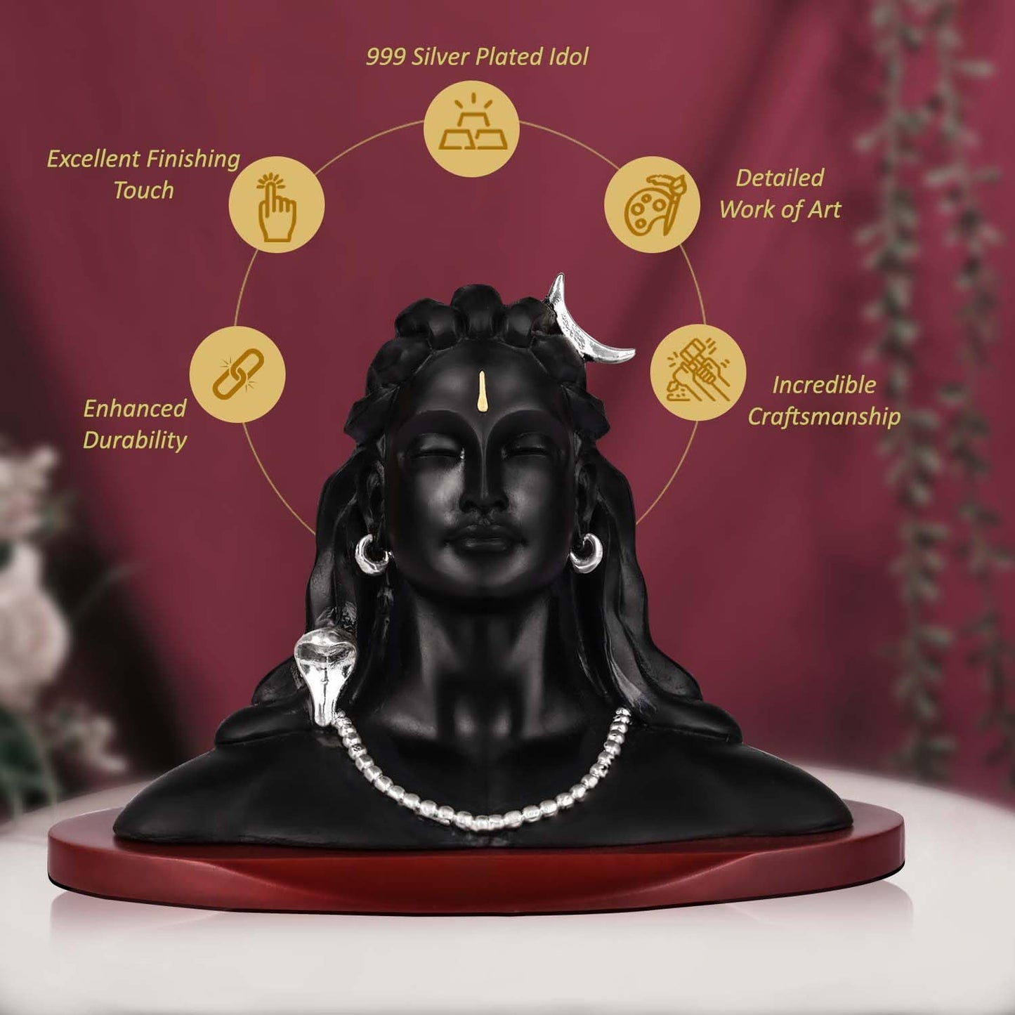 999 Silver Plated Shiva Adiyogi Idol Car Dashboard Showpiece, Home & Office Spiritual Décor