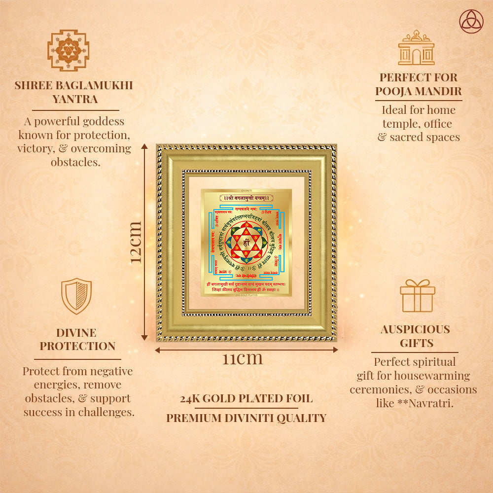 Shree Baglamukhi Yantra in 24K gold plated foil, symbolizing protection and victory framed artwork.