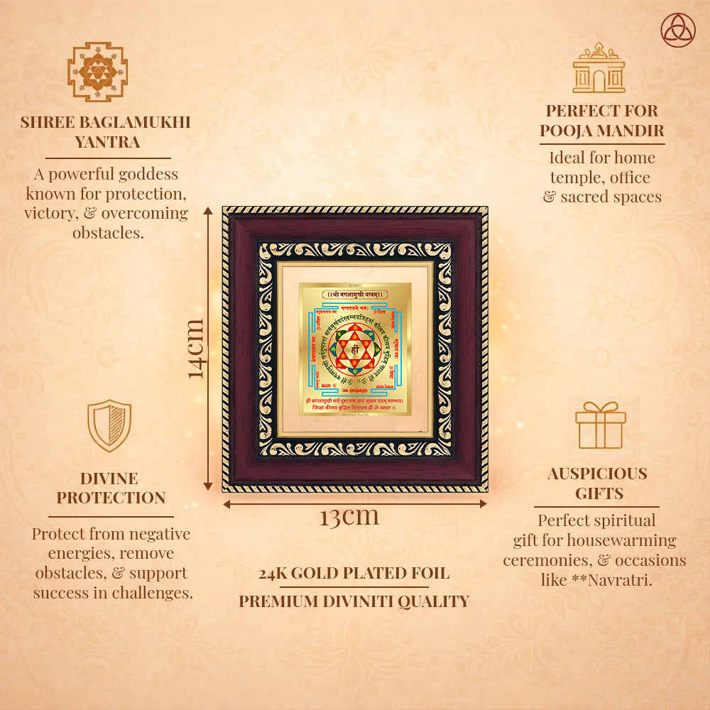Shree Baglamukhi Yantra in 24K gold plated foil, symbolizing protection and victory framed artwork.