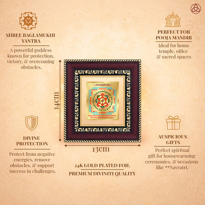 Shree Baglamukhi Yantra in 24K gold plated foil, symbolizing protection and victory framed artwork.
