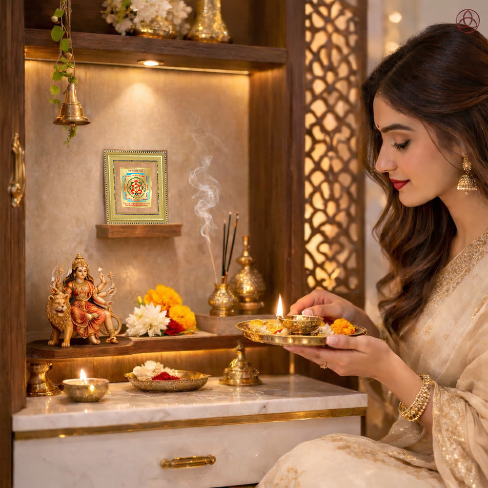 Woman performing rituals near Shree Baglamukhi Yantra framed in 24K gold foil with traditional decor.