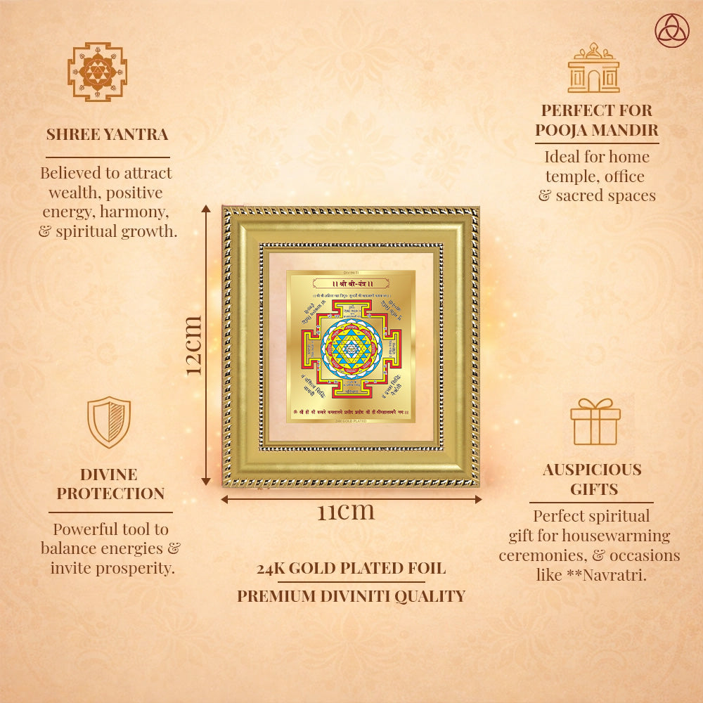 Shree Yantra framed in 24K gold plated foil, symbolizing balance of planetary energies and harmony.