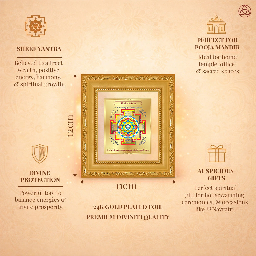 Shree Yantra framed in 24K gold plated foil, symbolizing balance of planetary energies and harmony.