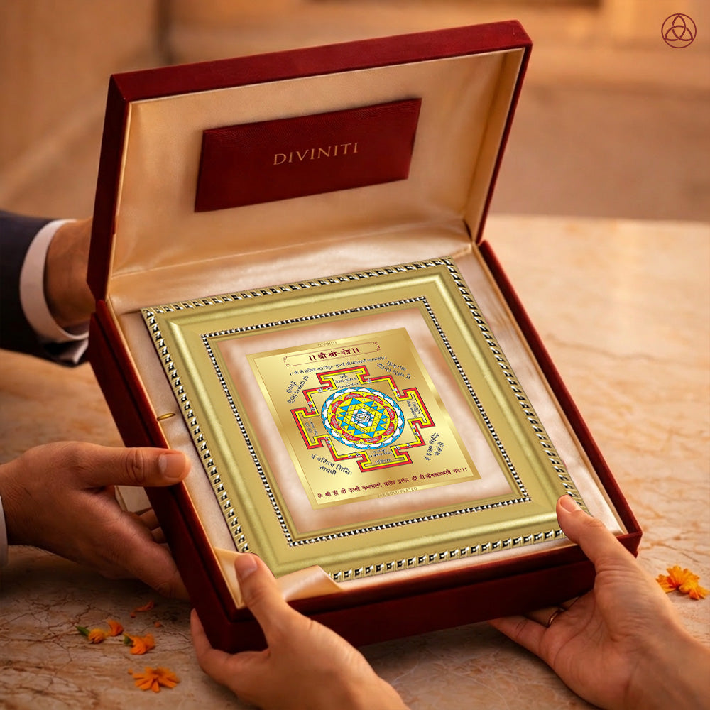Shree Yantra presented in an elegant box, showcasing sacred planetary symbols, perfect for harmony and prosperity.