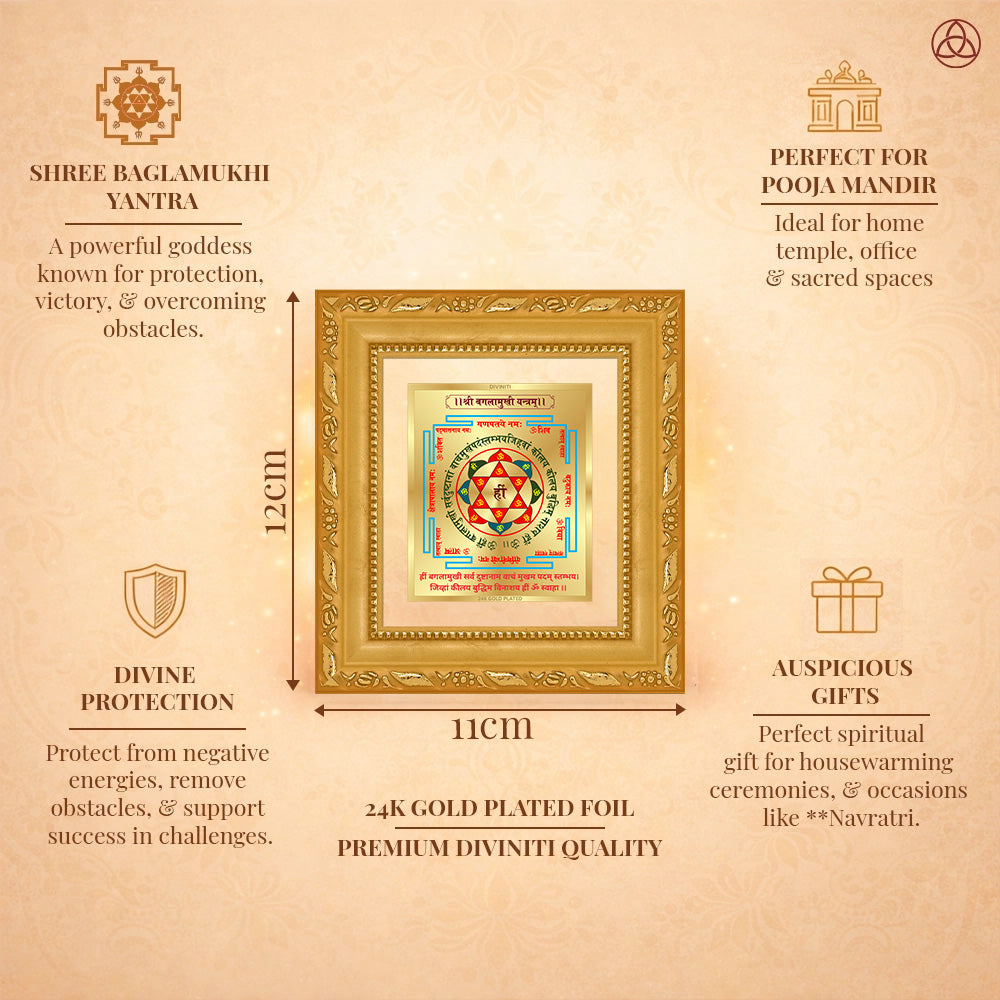 Shree Baglamukhi Yantra in 24K gold plated foil, symbolizing protection and victory framed artwork.