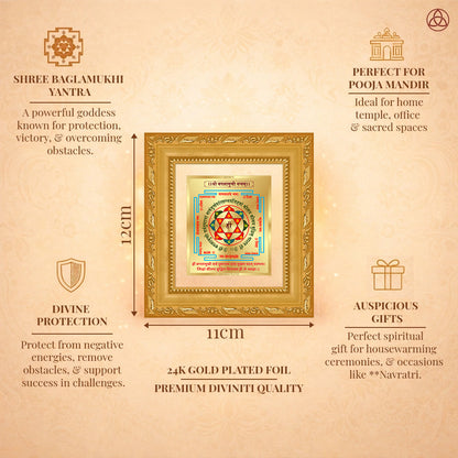 Shree Baglamukhi Yantra in 24K gold plated foil, symbolizing protection and victory framed artwork.