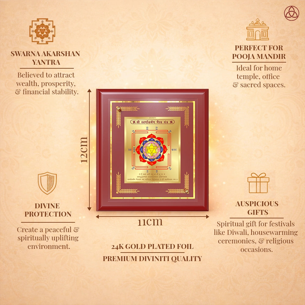 Swarn Akarshan Yantra displayed on a decorated altar with candles and idols of Hindu deities for spiritual harmony.
