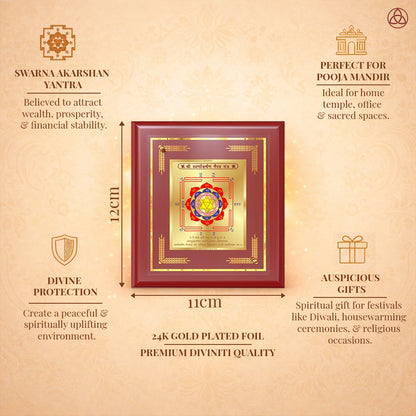 Swarn Akarshan Yantra displayed on a decorated altar with candles and idols of Hindu deities for spiritual harmony.