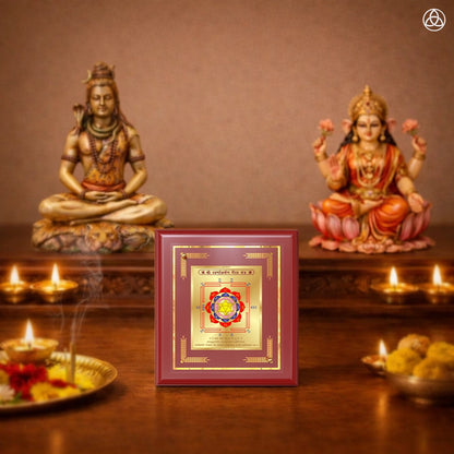 Swarn Akarshan Yantra displayed in a decorative frame on a wooden table, symbolizing planetary energies.