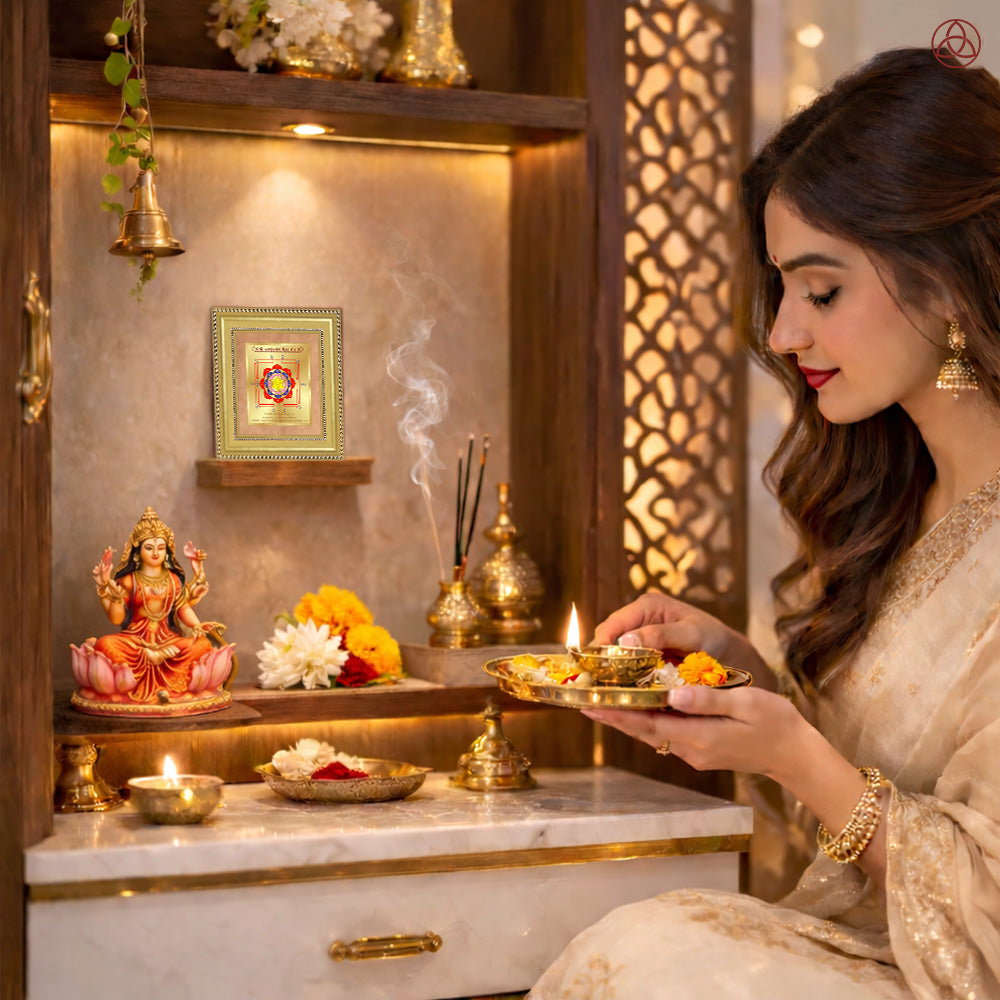 Woman performing a prayer ritual with Swarn Akarshan Yantra in a sacred home altar setting, featuring gold decor and traditional offerings.