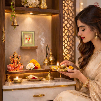 Woman performing a prayer ritual with Swarn Akarshan Yantra in a sacred home altar setting, featuring gold decor and traditional offerings.