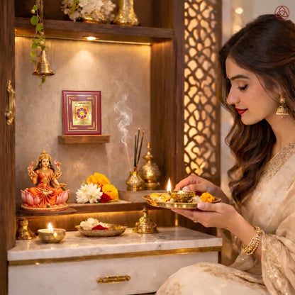 Woman performing a prayer ritual with Swarn Akarshan Yantra in a sacred home altar setting, featuring gold decor and traditional offerings.