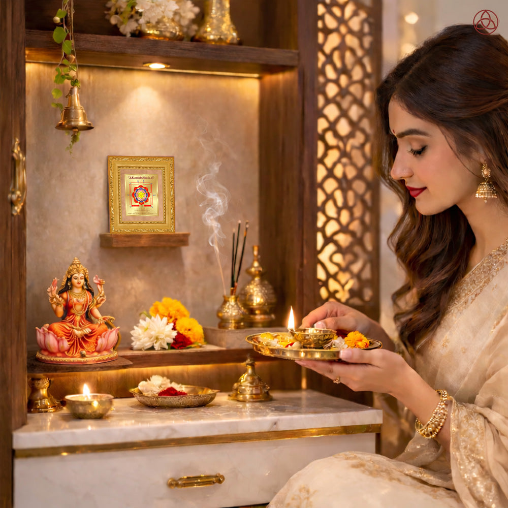 Woman performing a prayer ritual with Swarn Akarshan Yantra in a sacred home altar setting, featuring gold decor and traditional offerings.