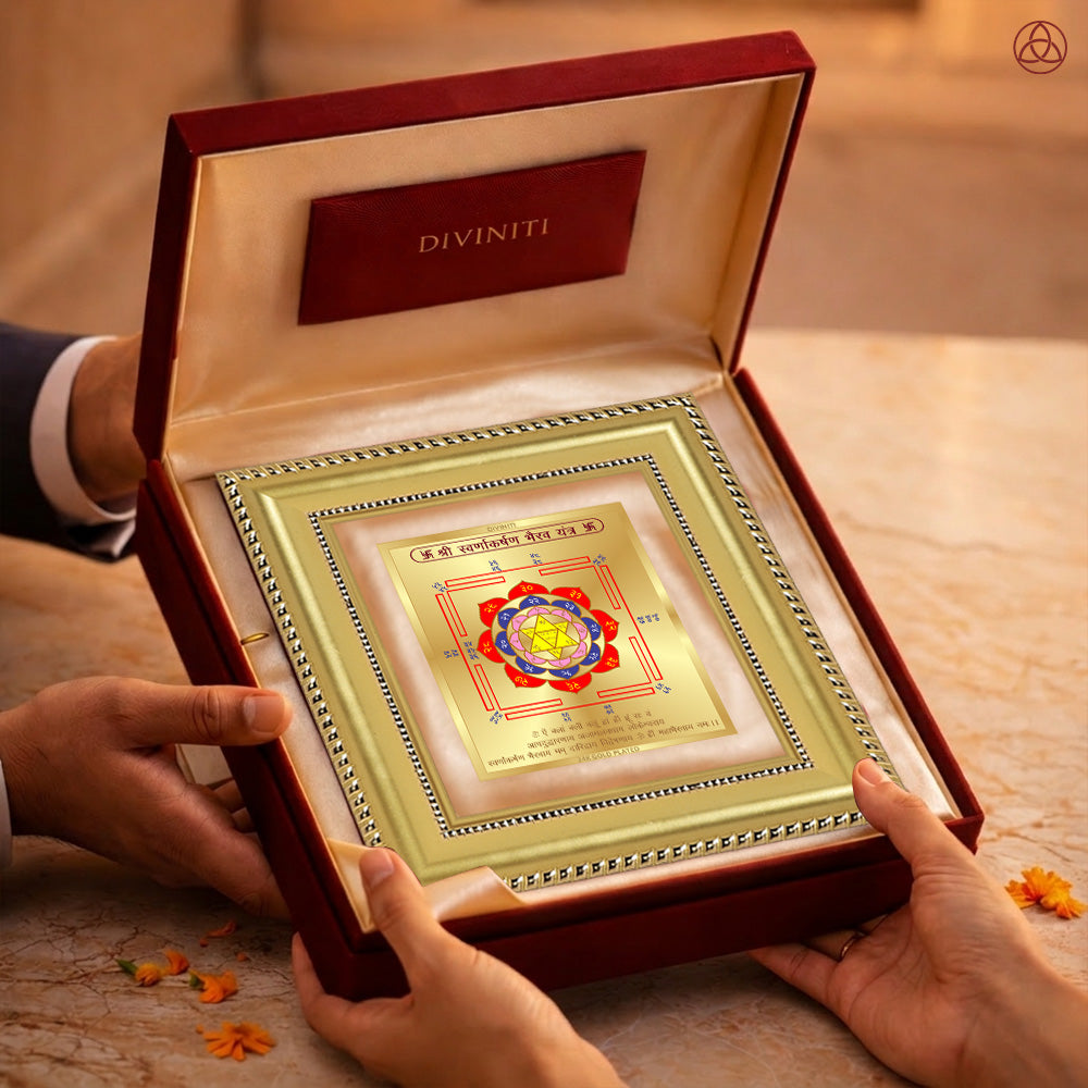 Swarn Akarshan Yantra presented in an elegant box, showcasing sacred planetary symbols, perfect for harmony and prosperity.