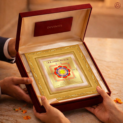 Swarn Akarshan Yantra presented in an elegant box, showcasing sacred planetary symbols, perfect for harmony and prosperity.