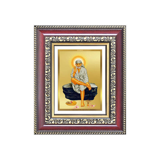 Shri Sai Baba on Rock Wall & Tabletop Frame for Home & Temple in 24K Gold Plated Foil