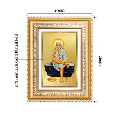 Sai Baba photo frame in 24K gold-plated foil, 20cm x 26cm, perfect for wall or tabletop display.