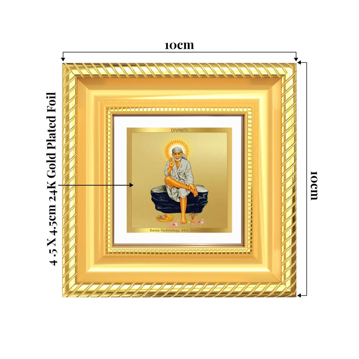 Sai Baba On Rock Tabletop Frame in 24K Gold Plated Foil showing product dimensions, ideal for spiritual décor and devotional gifting.