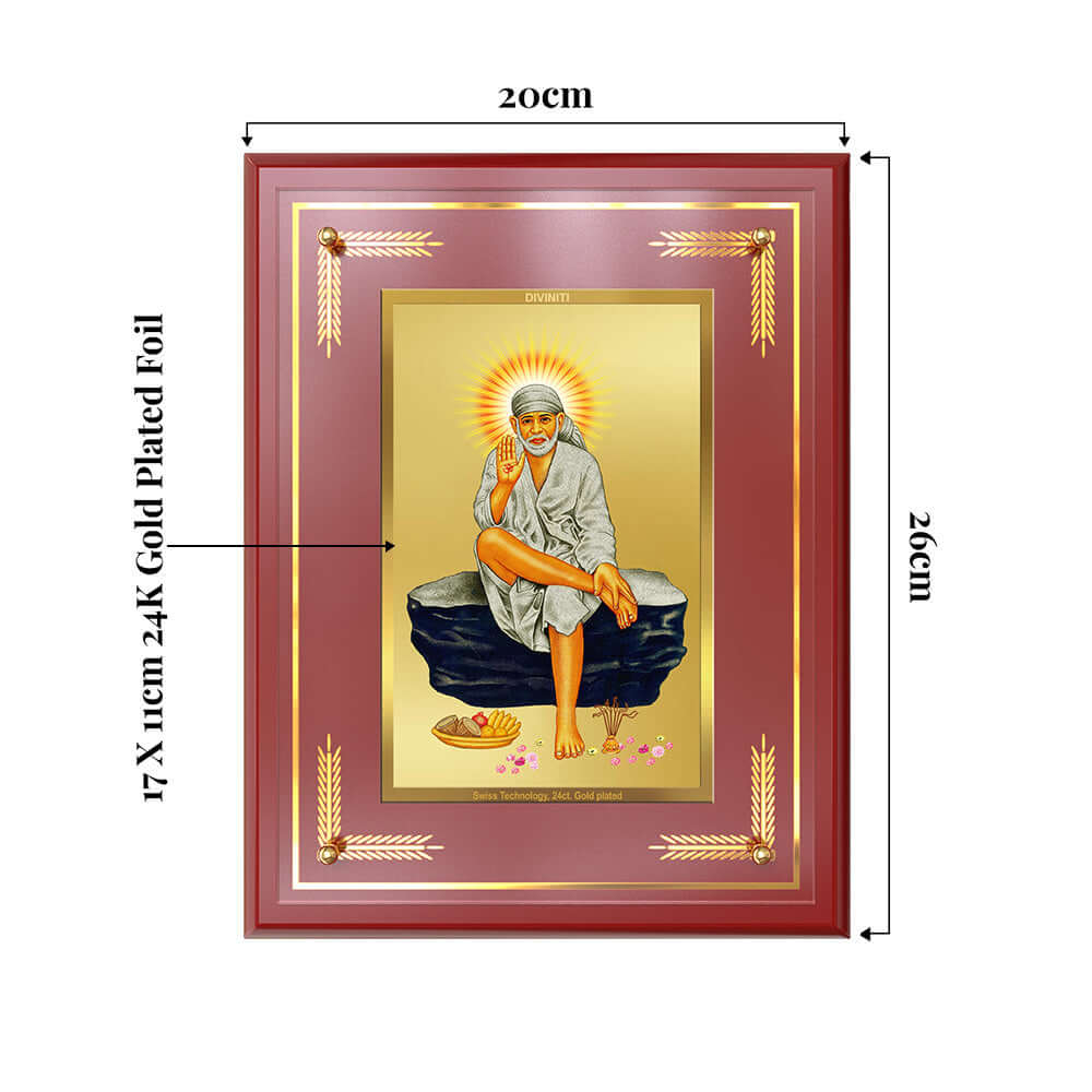 Sai Baba of Shirdi Photo Frame showing product dimensions, ideal for spiritual décor and devotional gifting.