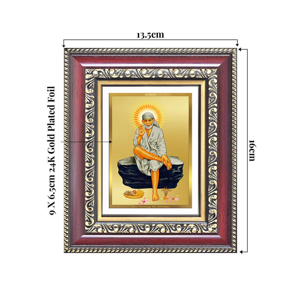 Shri Sai Baba on Rock Wall & Tabletop Frame for Home & Temple in 24K Gold Plated Foil