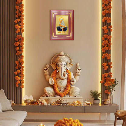 Sai Baba of Shirdi Photo Frame showcased between ornate pillars above a Lord Ganesha idol in a serene traditional temple interior