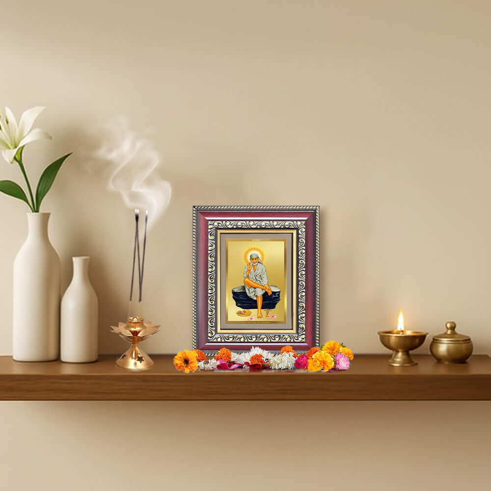 Shri Sai Baba on Rock Wall & Tabletop Frame for Home & Temple in 24K Gold Plated Foil
