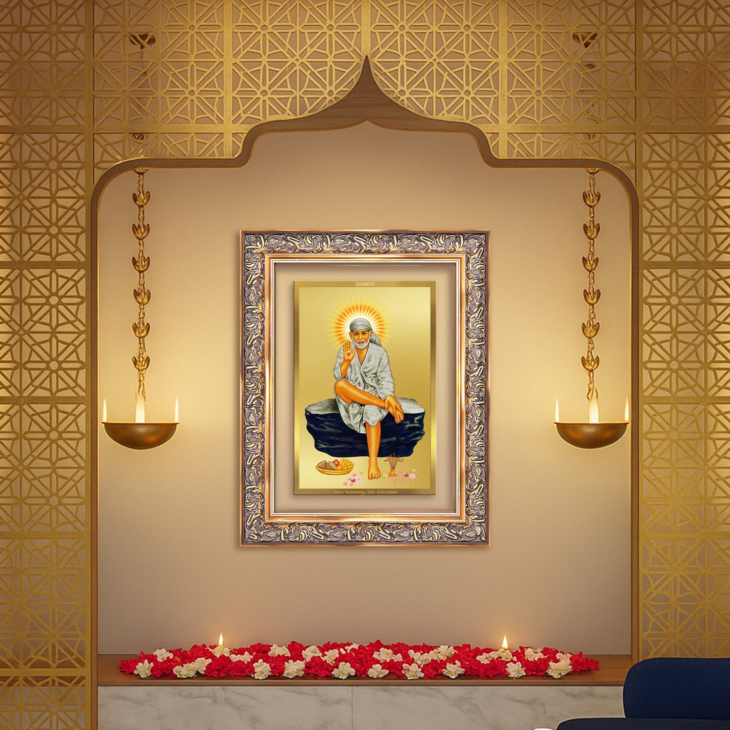 Sai Baba of Shirdi | Saint of Faith & Compassion Wall Mount Photo Frame in 24K Gold Plated Foil