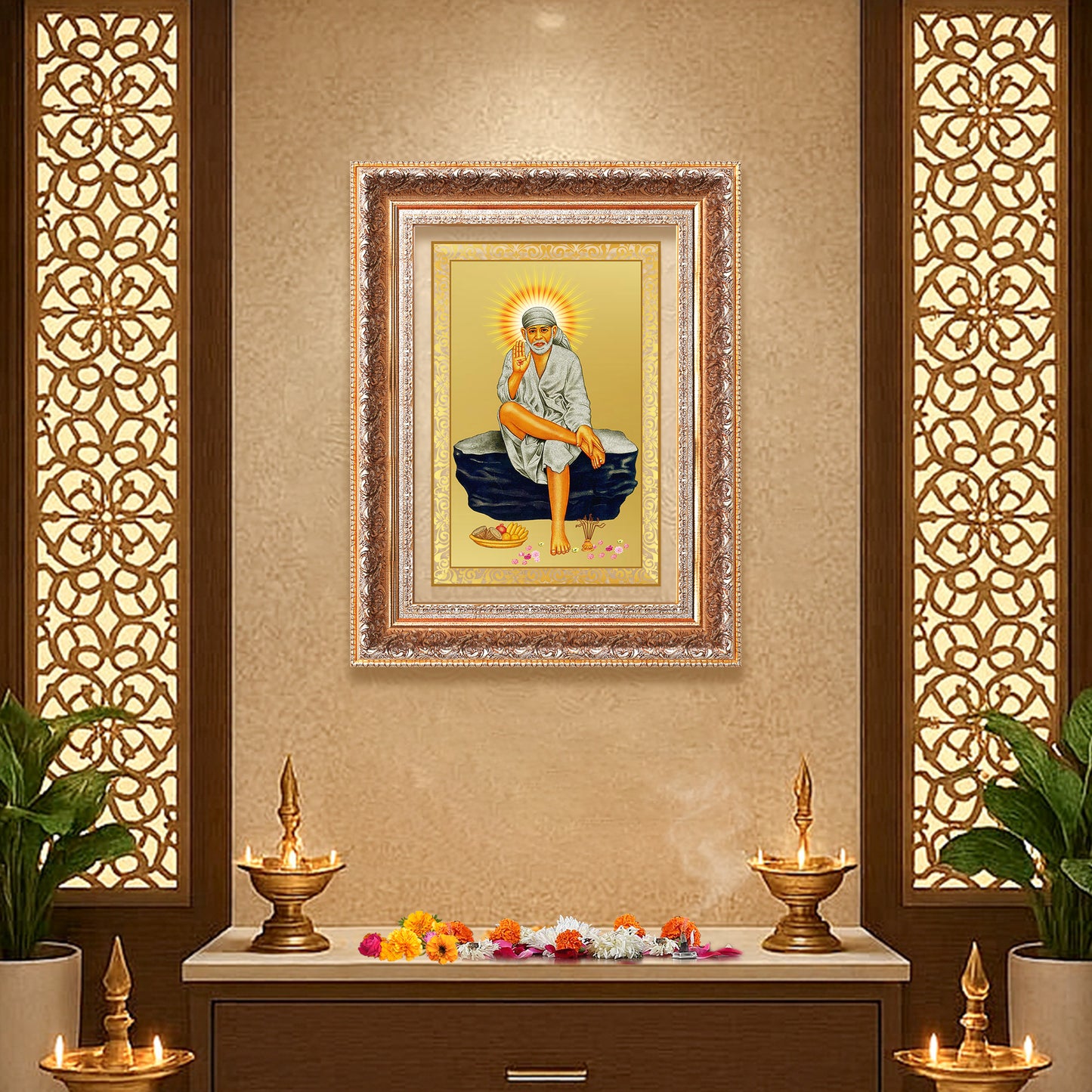 Sai Baba of Shirdi | Saint of Faith & Compassion Wall Mount Photo Frame in 24K Gold Plated Foil