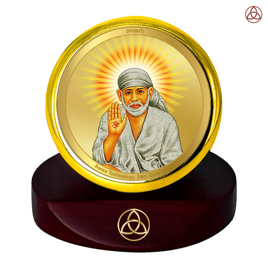 Sai Baba Blessing Pose | Divine Sai Baba Car Dashboard & Tabletop Photo Frame in 24K Gold Plated Foil