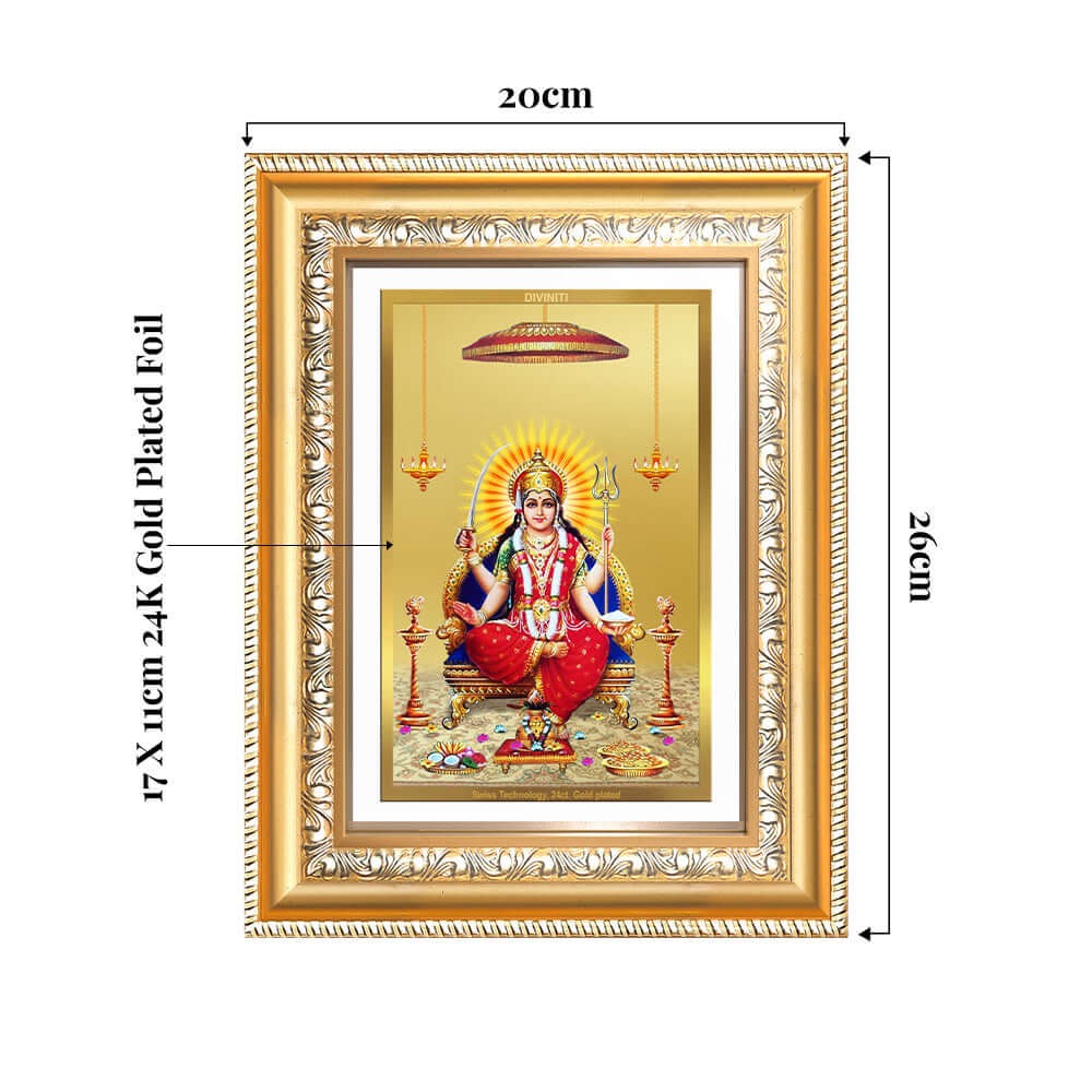 Santoshi Mata photo frame in gold plated foil, showcasing an elegant design, measuring 20cm x 26cm for wall and tabletop display.