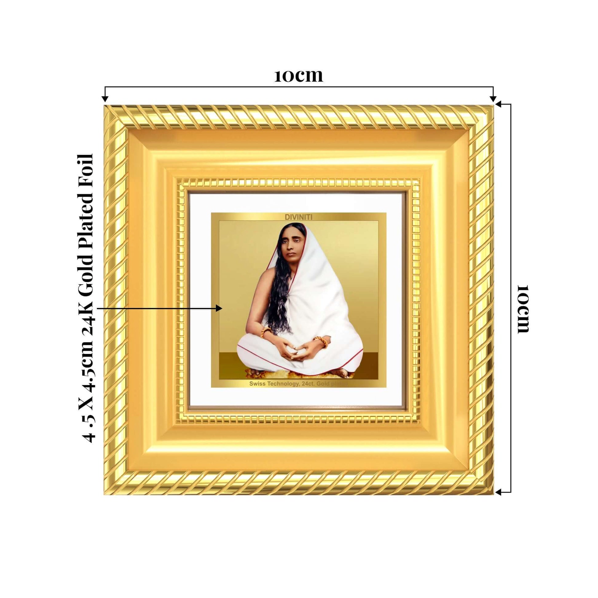 Holy Mother Sarada Devi Tabletop Frame in 24K Gold Plated Foil showing product dimensions, ideal for spiritual décor and devotional gifting.