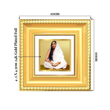 Holy Mother Sarada Devi Tabletop Frame in 24K Gold Plated Foil showing product dimensions, ideal for spiritual décor and devotional gifting.